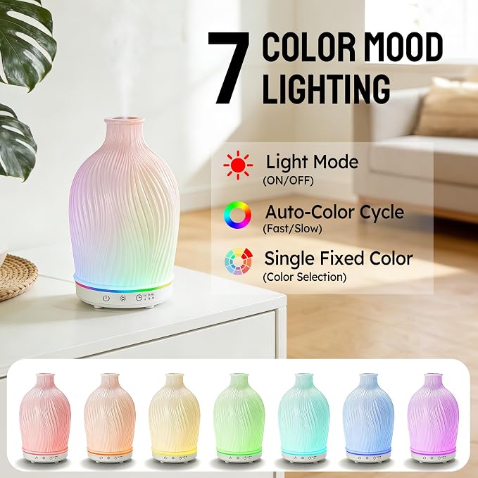 Essential Oil Diffuser 150ml,Resin Diffuser Ultrasonic Aromatherapy Humidifier with 1/2/4H Timer, 7 Color Lights, Auto Shut-Off, Whisper-Quiet for Home Bedroom Office (White)