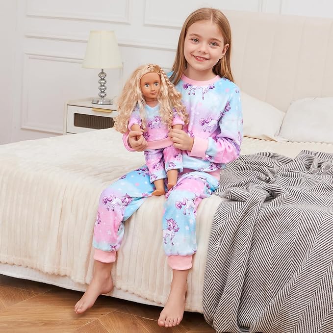 QPANCY Matching Doll & Girls Fleece Pjs Set kids Fall Winter Long Sleeve Sleepwear 2 Piece Pajamas