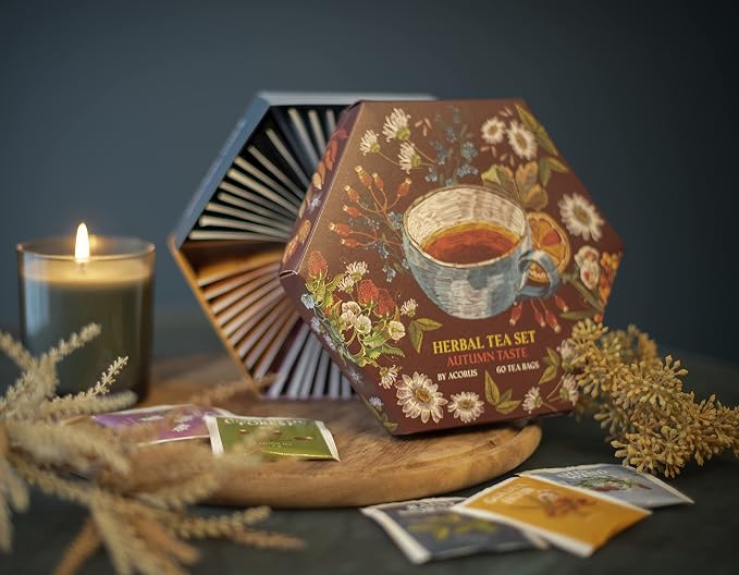 ACORUS Autumn Taste Tea Set, Natural Herbal Tea Variety Pack, Assorted Tea Box, Tea Gift Set of 6 Different Teas, Herbal Tea Sampler of 60 Tea Bags Individually Wrapped, Discover Rich Autumn Teas