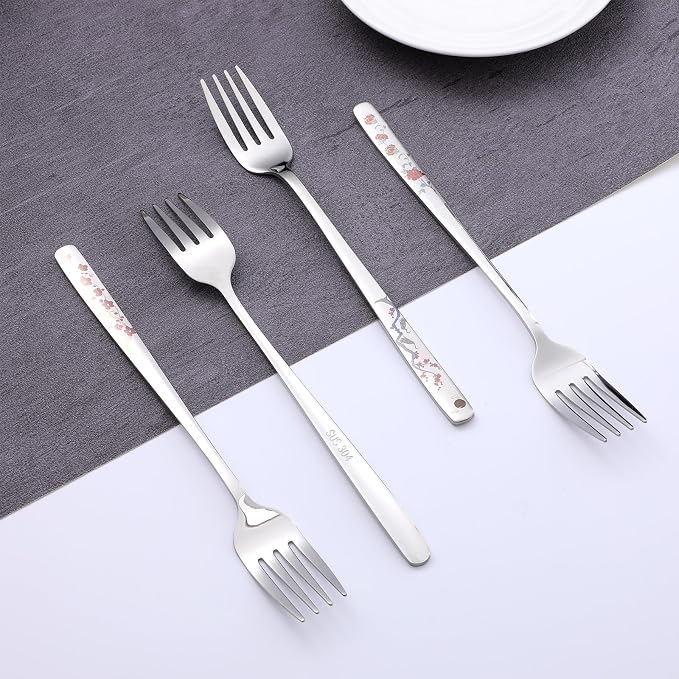 4Pcs 8" Korean Forks, Korean Fork with Floral Pattern | Stainless Steel, Kitchen Forks, Mirror Finish, Flatware for Dinner Salad Dessert Home Restaurant Use