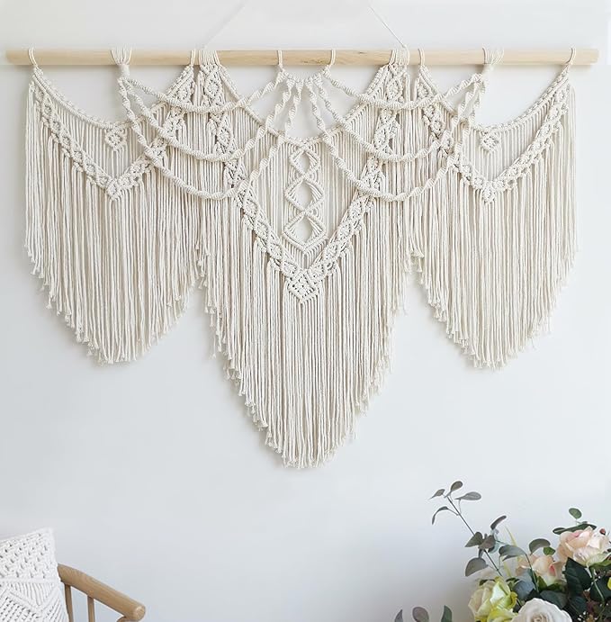 Achart Macrame Wall Hanging Large- Boho Wall Decor- large wall art- Wall Decor Living Room- Macrame Tapestry Boho Decor for Bedroom (Beige-Fringe)