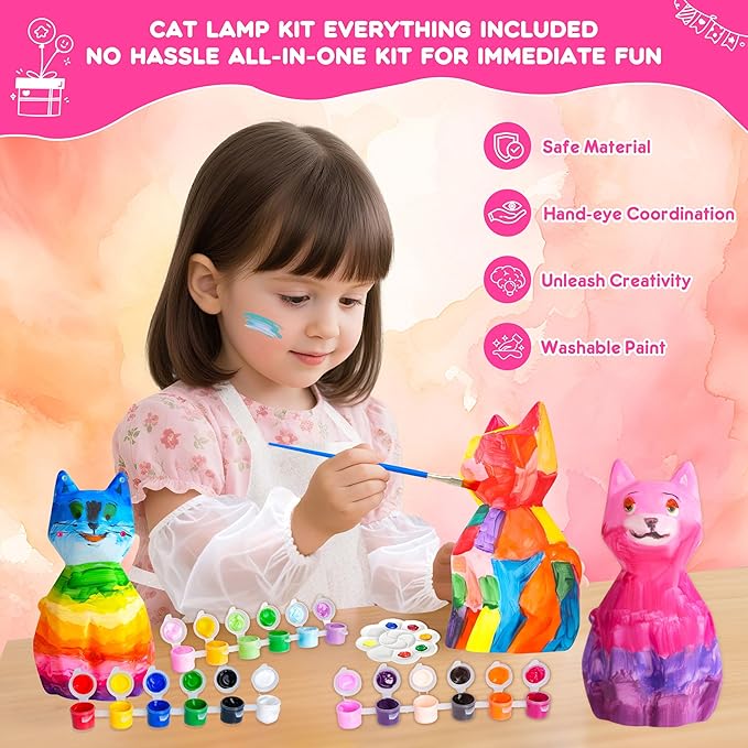 lucdnc Paint Your Own Cat Lamp Kit DIY Night Light Arts & Crafts Supplies Painting Kits for Kids Birthday Easter Christmas Gifts Stocking Stuffer Toys for Teens Girls Boys Ages 3-12+