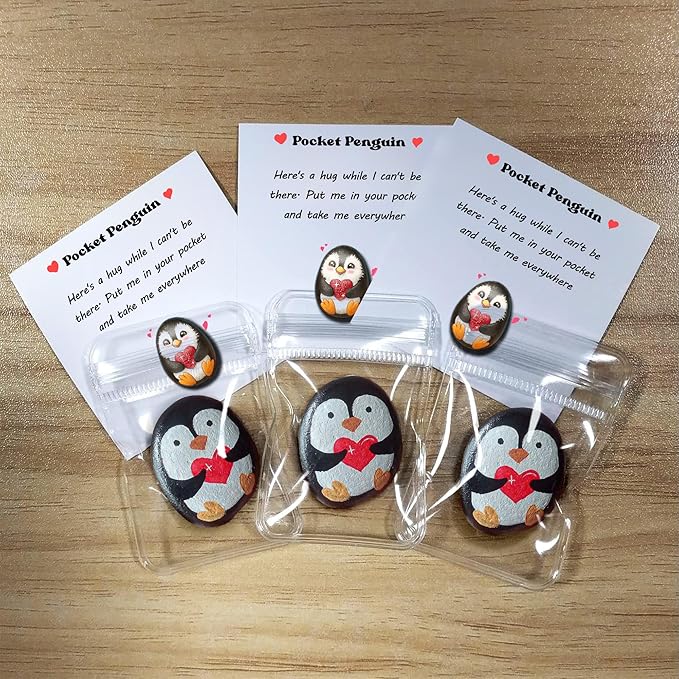 Handmade Pocket Penguin Pebble – Pocket Hug Mini Gift – Cute Hand-Painted Affirmation Token with Card – Long Distance Hug, Encouragement for Friends, Kids, or Anxiety Relief for Boyfriend, Girlfriend, Couples (Penguin Hug)