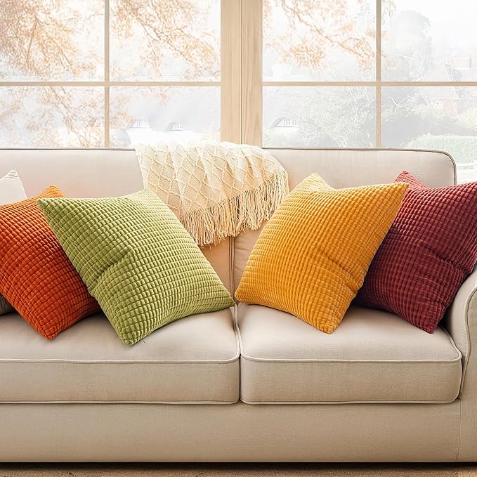 MIULEE Fall Decorative Pillow Covers 20x20 Inch Set of 4 Yellow Orange | Burnt Orange Green Gradient Boho Farmhouse Home Decor, Modern Corduroy Couch Pillows, Pillowcases for Sofa Living Room Bed