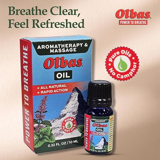 Olbas Aromatherapy Inhalant and Massage Oil Pack Of 4 (0.32 Fl Oz), body massage oil, Swiss Herbal Remedies with Pure Essential massage oils for muscle relaxing and soothing comfort for pain relief