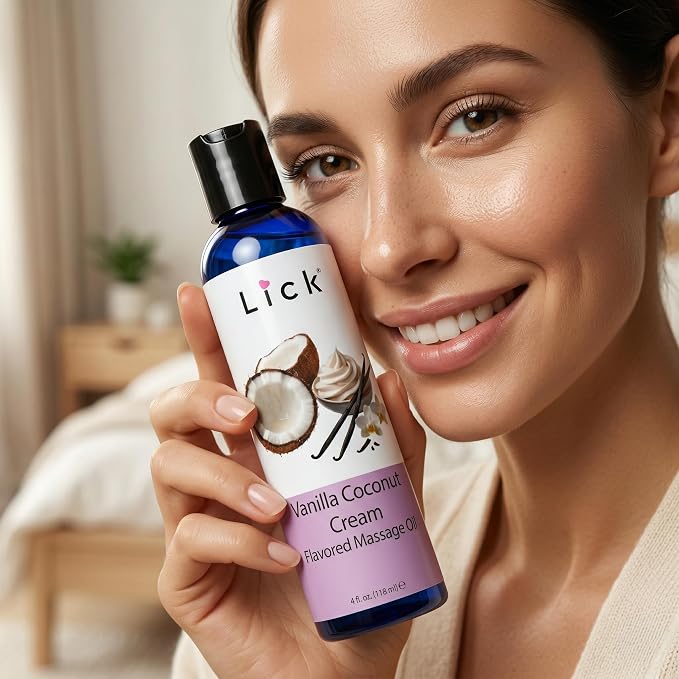 Lick Vanilla Coconut Cream Flavored Massage Oil – Sweet Tropical Edible Massage Oil with Vitamin E, Smooth Body-Safe Glide for Couples Massage & Sensory Date Nights, 4 oz