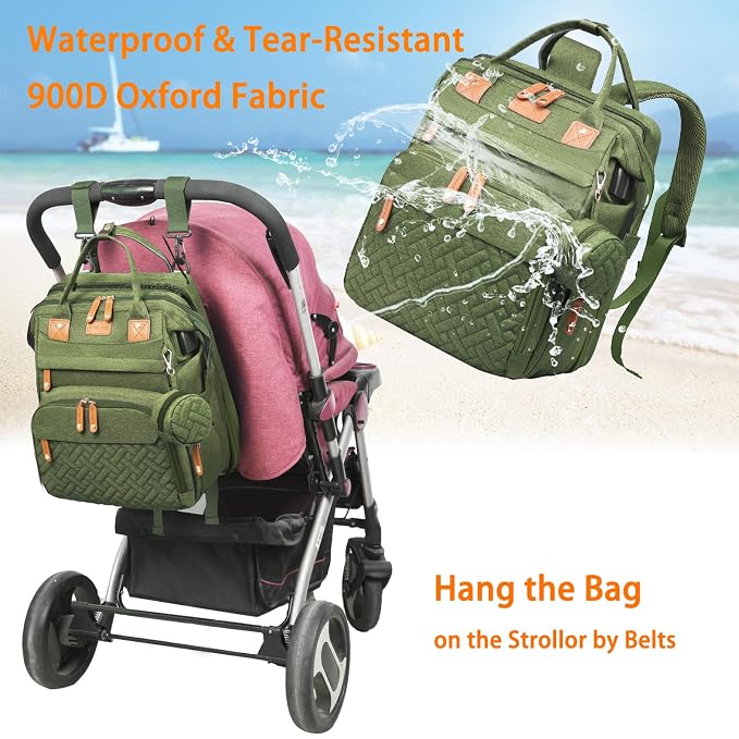 Astro alan Baby Diaper Bags with Changing Station, Waterproof Diaper Bag Backpack for Moms Dads with USB Charging Port, Baby Shower Gifts, Large Capacity diaper backpack, Green