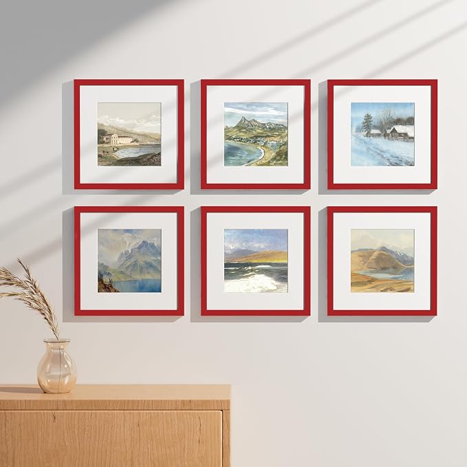 Vittanly 12x12 Picture Frames Set of 9 for Wall Mounting, Red | Display Pictures 8x8 with Mat or 12x12 without Mat for Wall Mounting, Square Photo Frames for Home Decor, Engineered Wood