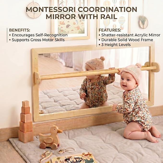 Infant Coordination Mirror Montessori Safety Pull up Bar Baby MirrorAcrylic Non-Glass Early Learning to Walk Mirror Upgrade Dual-Use with Base for Lengthened Version Hanging Toys 59.05”