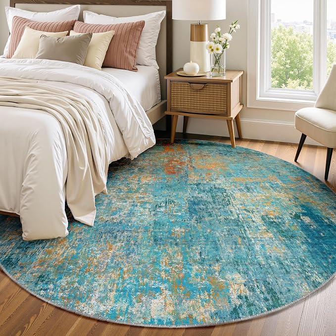 RELEANY Washable Round 8ft Area Rug for Living Room Teal Multi | carpet for bedroom, kitchen, office, hallway and entryway, printed pattern, non-slip, soft, stain-resistant, easy to clean