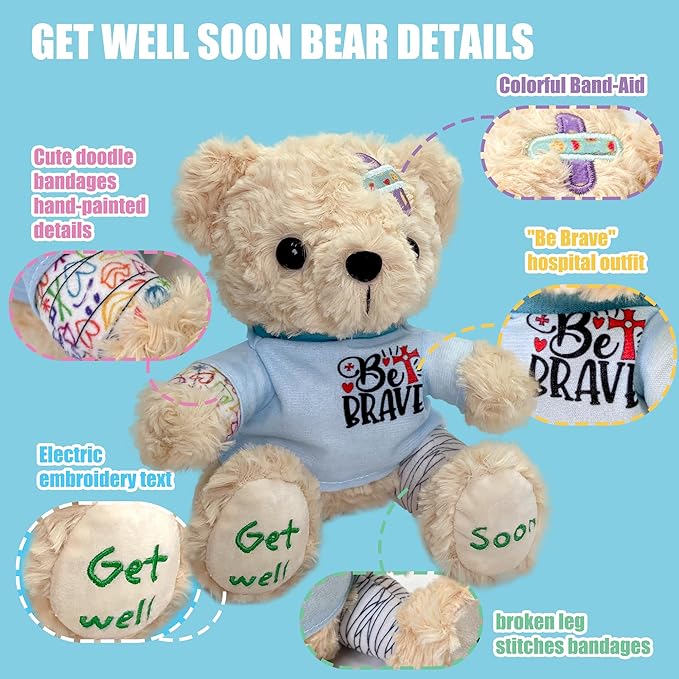 Get Well Soon Bear 2-Pack, 8" Plush Stuffed Animals with Broken Arm & Leg Cast, Cute Surgery Recovery Gifts for Kids, Boys, Girls, Toddlers - Be Brave Outfit & Get Well Soon Embroidery, Gift Ready