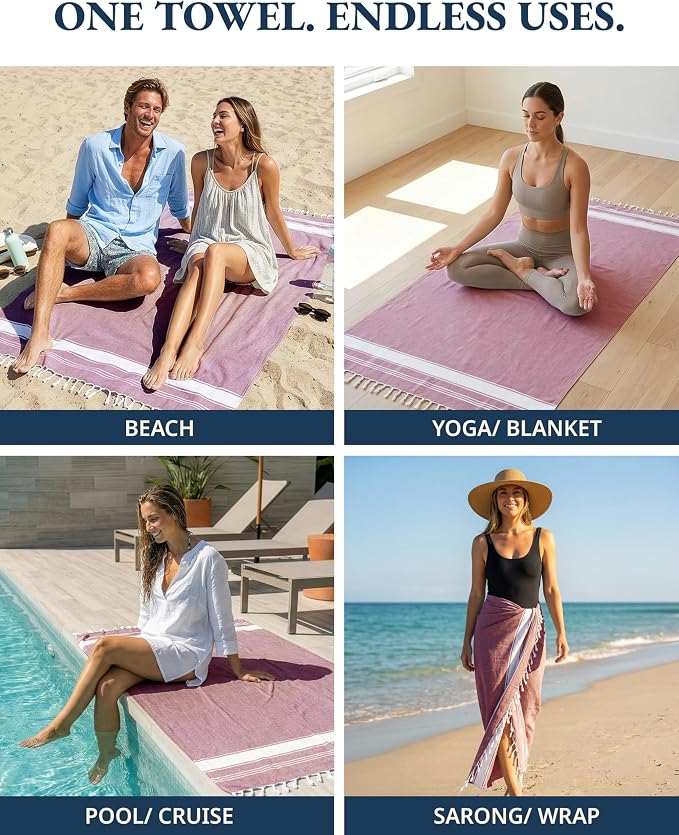 LANE LINEN Beach Towel Set of 4, Turkish Beach Towel Set, Pre-Washed Pool Towels, Quick Dry Travel Beach Towel, Extra Large Beach Towels Oversized, 39"x71" - Cashmere Rose