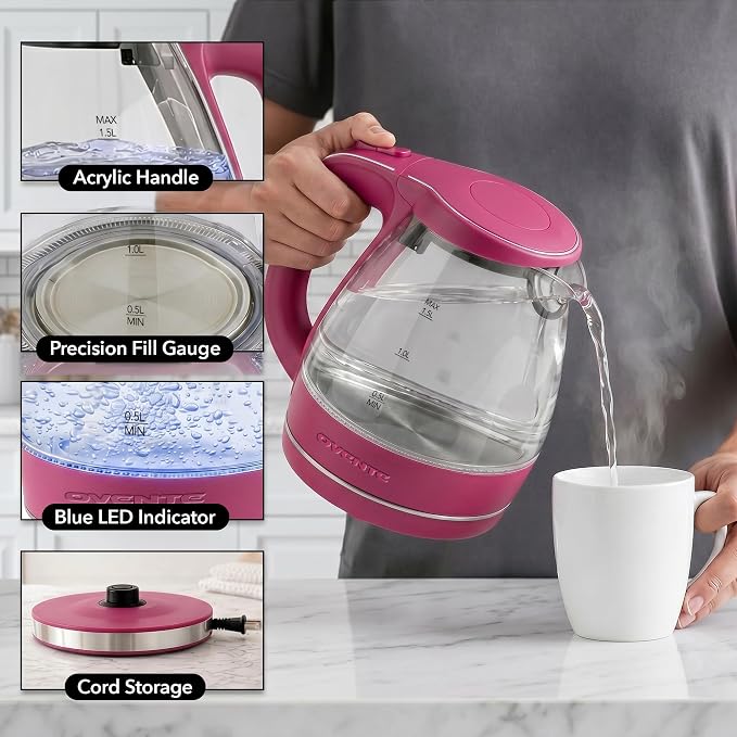 OVENTE Electric Kettle, 1.5L Borosilicate Glass Countertop Water Heater and Boiler for Coffee or Tea, BPA-Free, Auto Shut-Off, Boil-Dry Protection, Removable and Washable Spout Filter, Pink KG83F