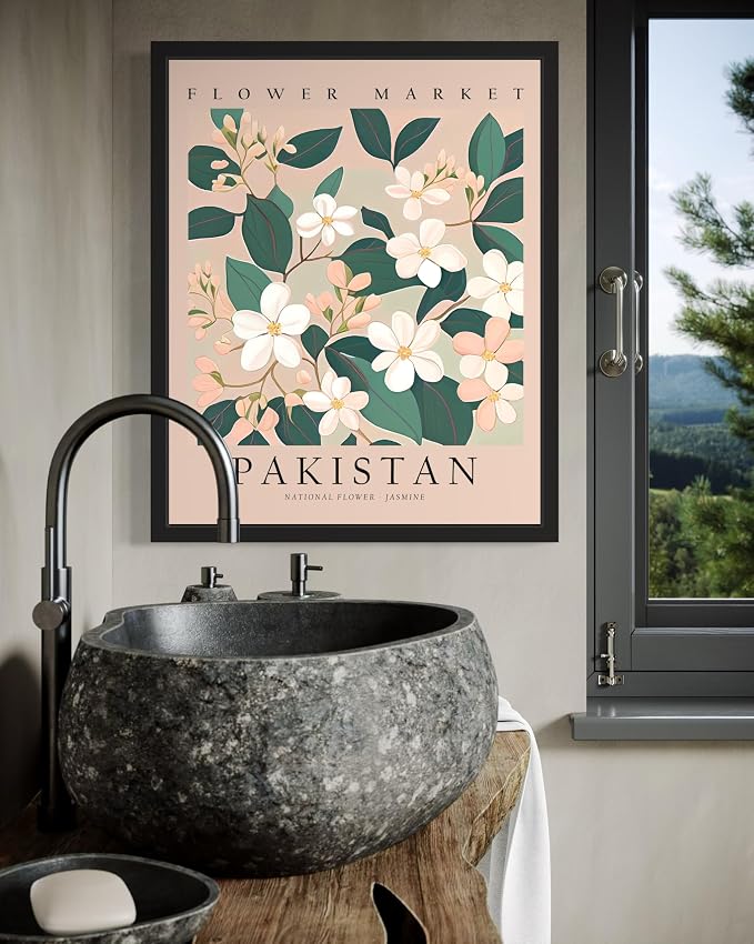 Pakistan, Jasmine Art Print Poster, Flower Market Wall Art, Floral Artwork Decor for Bedroom, Kitchen, Bathroom, Livingroom Decoration 52 (Pakistan, Jasmine, 20"L x 16"W, Black Frame)