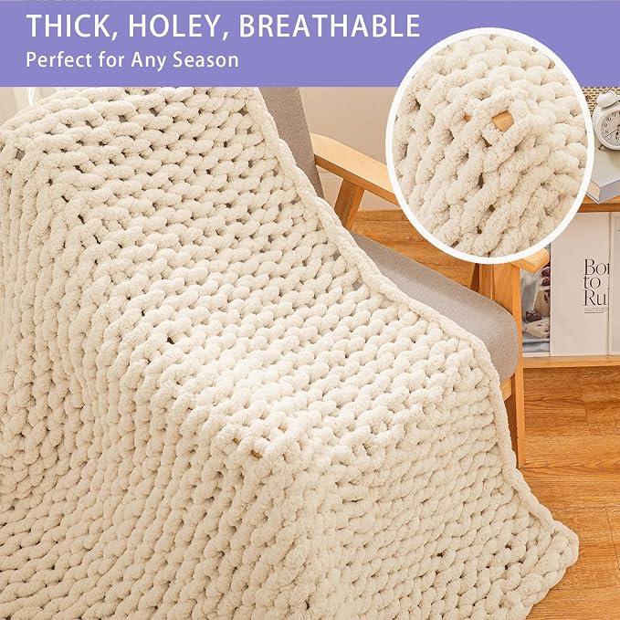 Bigacogo Chunky Knit Throw Blanket for Couch, 51x63 inches, Beige | Hand Knit with Jumbo Chenille, Soft Breathable Cable Knit for Sofa Bed Living Room, Machine Washable, Gift for Mom Friend