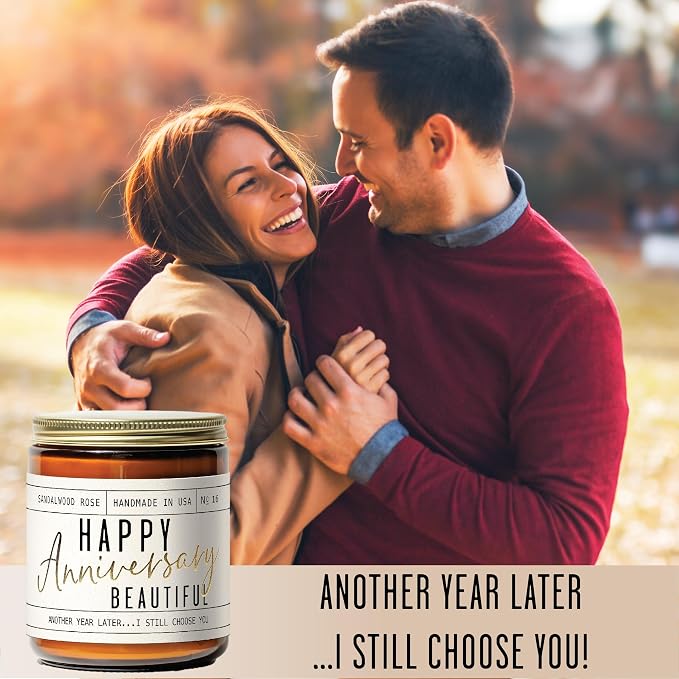 Anniversary Gifts for Women - 'Happy Anniversary Beautiful' Candle, w/Sandalwood Rose - infused w/Essential Oils I Happy Anniversary Gifts for Her I Anniversary Gifts for Wife I 50Hr Burn, USA Made
