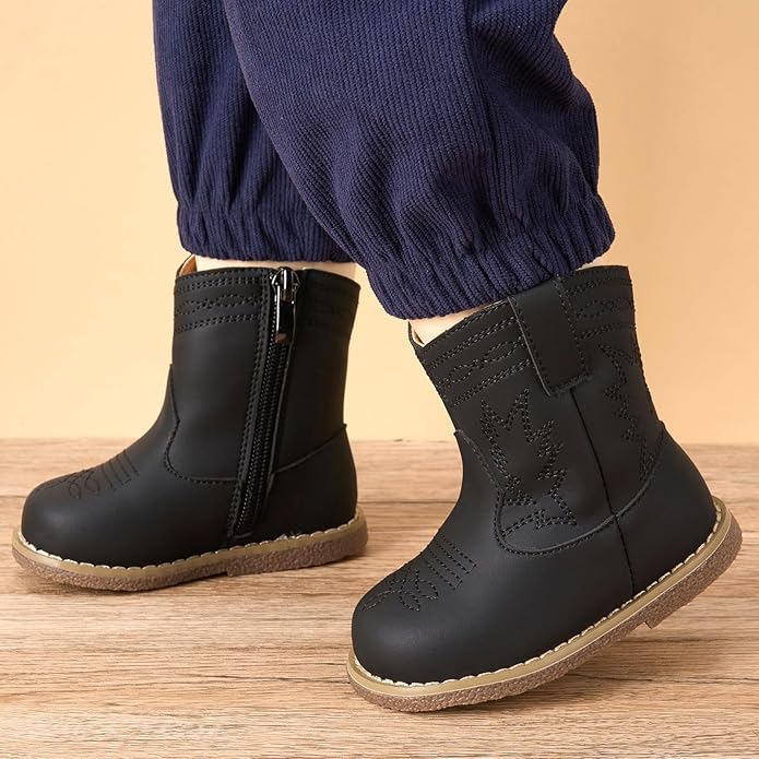 Newsonet Baby Cowboy Cowgirl Boots Infant Western Boots Toddler Boys Girls Round Toe Riding Mid Calf Boots All Seasons for 6 9 12 18 24 Months