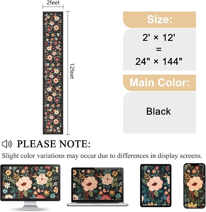DUKINO 2x12 Washable Runner Rug, Non Slip Long Kitchen Runner Rug, Black | Floral, Low Pile, Soft Indoor Rug Runner for Hallway, Entryway, Bedroom, Bathroom, Laundry, Pet Friendly, Modern Home Decor