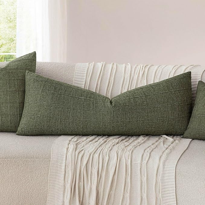Foindtower Set of 2 Decorative Linen Check Throw Pillow Covers Neutral Long Body Lumbar Cushion Covers Farmhouse Vintage Boho Home Decor For Sofa Chair Couch Bedroom Living Room,14×36 Inch,Olive Green