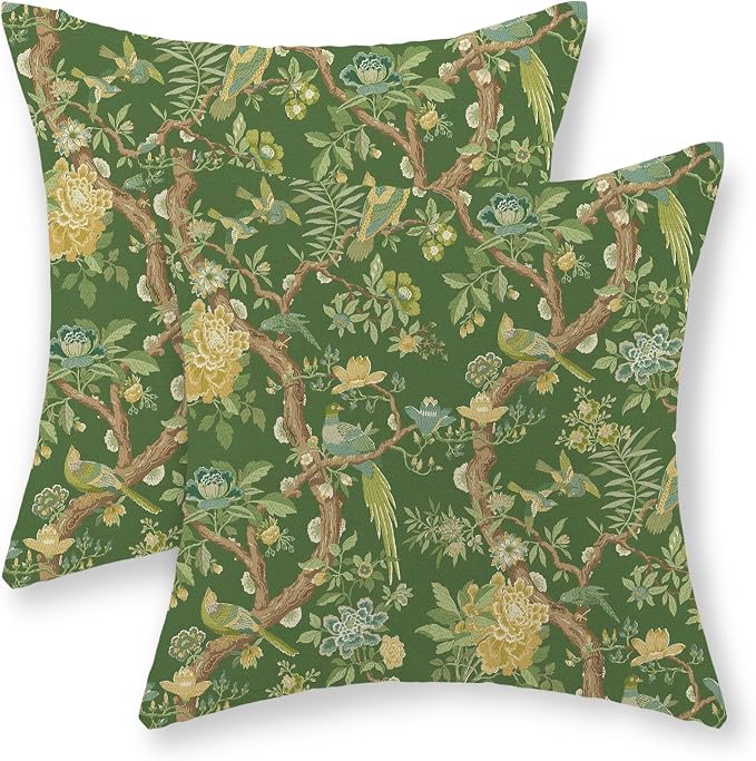 Floral Bird Pillow Covers 18x18 Set of 2 Chinoiserie Green Throw Pillow Covers Vintage Flowers Bird Decorative Pillow Cases Outdoor Chinoiserie Decor Farmhouse Cushion Case for Couch Sofa