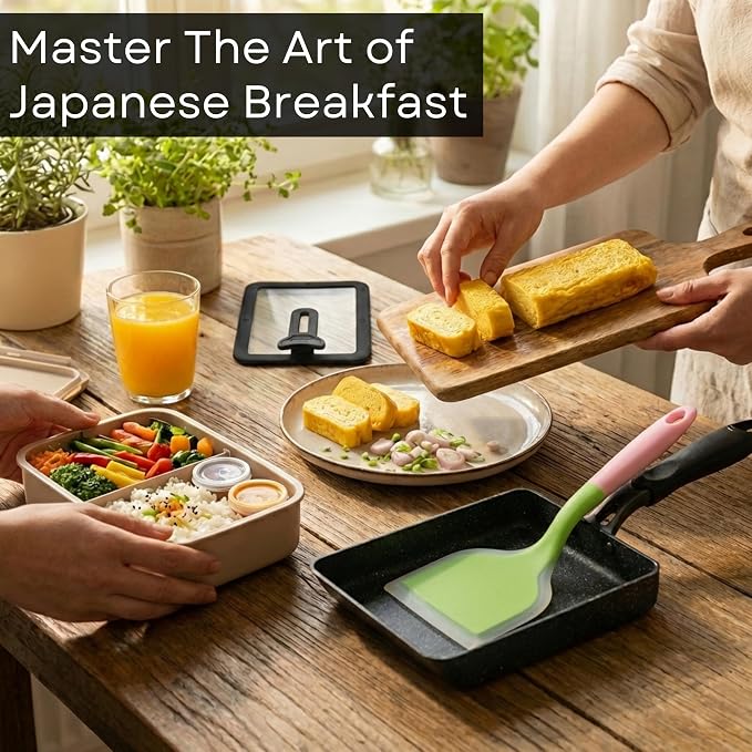 HAPPI STUDIO Tamagoyaki Pan - Japanese Egg Pan with Lid, Square 7x6 Inch | Japanese Omelette Pan For Rolled Omelets - Nonstick Tamago & Square Frying Pan, Induction Ready, Heat-resistant Handle