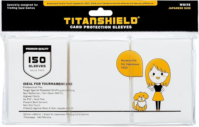 TitanShield (150 Sleeve/White Small Japanese Sized Trading Card Sleeves Deck Protector for Yu-Gi-Oh, Cardfight!! Vanguard & Photocards
