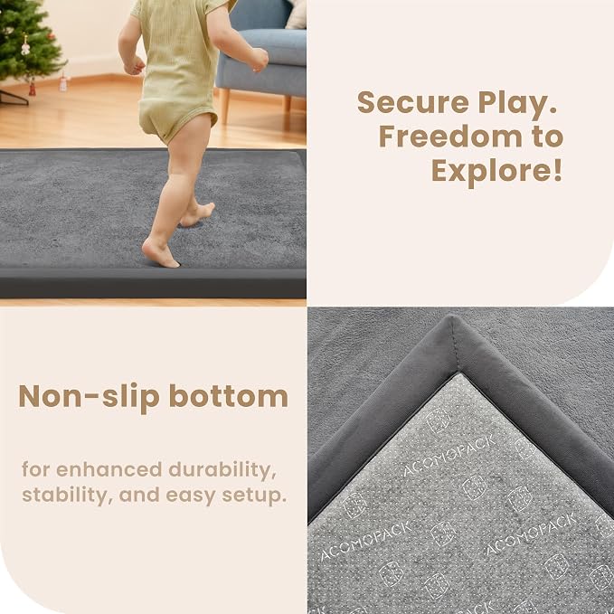 ACOMOPACK Baby Play Mat for Floor 1.3" Thick Memory Foam Play Mat 79"×118" Tummy Time Crawling with Non-Slip Bottom for Living Room,Nursery,Soft Velvet Playpen Mats for Kids,Infants（Dark Grey）