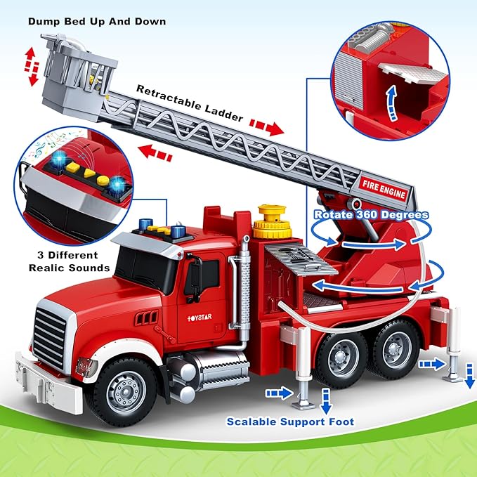 Kids Toys for 3 4 5 6 7 8 Years Old Boys, 15" Large Fire Truck Toy, Friction Powered Fire Rescue Truck Vehicle Toy with Lights and Sirens Sounds, Water Pump, Ladder, Birthday Gifts for Boys Girls