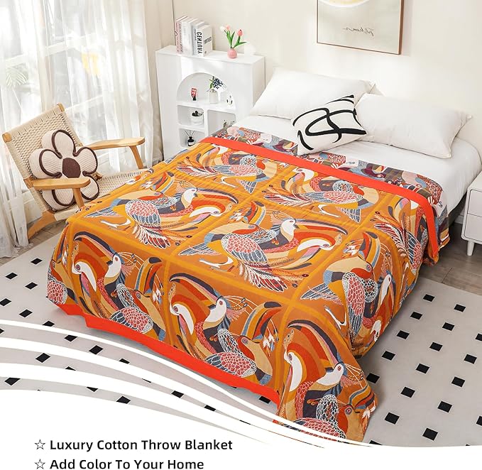 VANJOROY Boho Large Throw Blanket, 100% Organic Muslin Cotton Breathable Soft Bed Throw - Floral Bird Farmhouse Decor Blanket for Sofa Couch Chair Quilt and Gift. 80" x 90"- Colorful