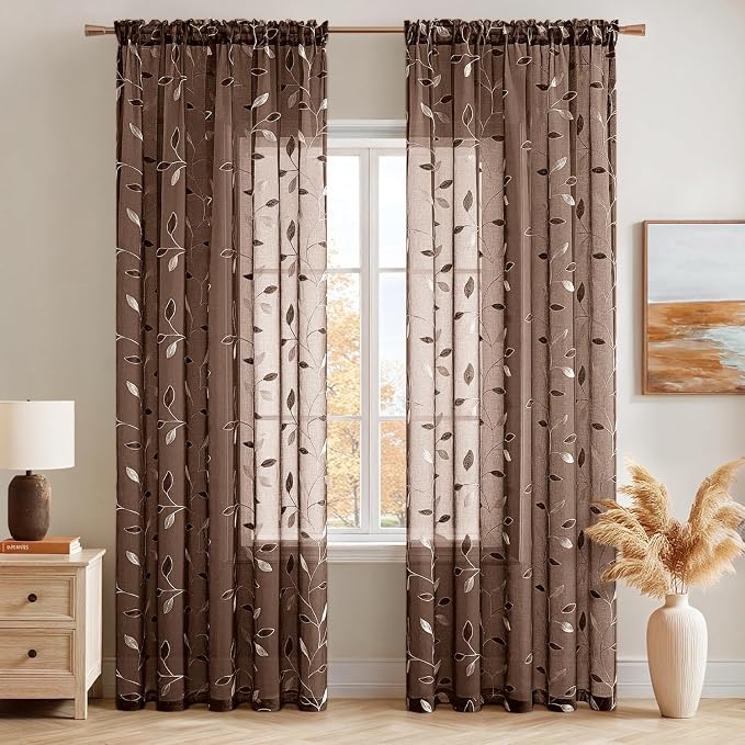MIULEE Chocolate Brown Sheer Curtains 2 Panels Embroidered Leaf Patterned Rod Pocket Floral Semi Sheer Faux Linen Window Curtains Drapes Set for Living Room Bedroom Dining Room, 52x96 Inches Long