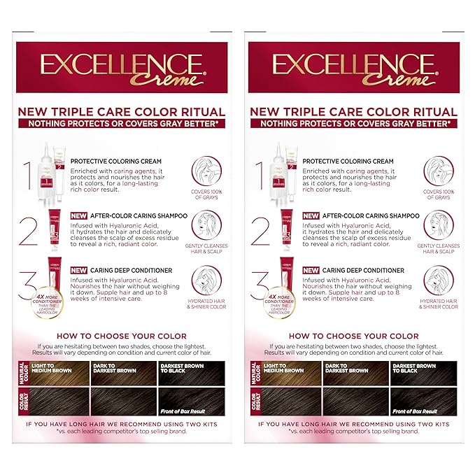 L'Oreal Paris Excellence Crème Permanent Hair Dye, Triple Care Hair Color with Hyaluronic Acid for 100% Gray Coverage, 3 Natural Black, 1 Kit (Pack of 2) (Packaging May Vary)