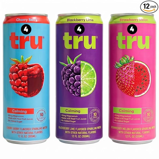 Tru Calming Drink Variety Pack, Magnesium Glycinate Sparkling Water with Real Fruit Juice, 3 Flavors, Caffeine Free, No Added Sugar, Keto, Vegan, Kosher, Gluten Free, 12 Fl Oz (Pack of 12)
