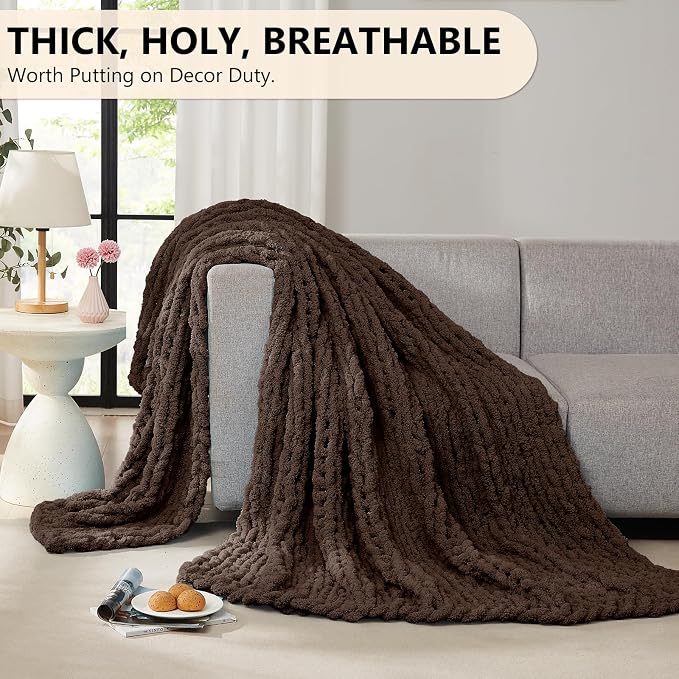 L'AGRATY Chunky Knit Throw Blanket for Couch, 50 x 60 Inches, Cocoa Brown | Handmade Chenille Crochet Blanket for Sofa Bed, Thick Cable Knitted Blankets for Room Home Decor, Birthday Gift for Women Mom