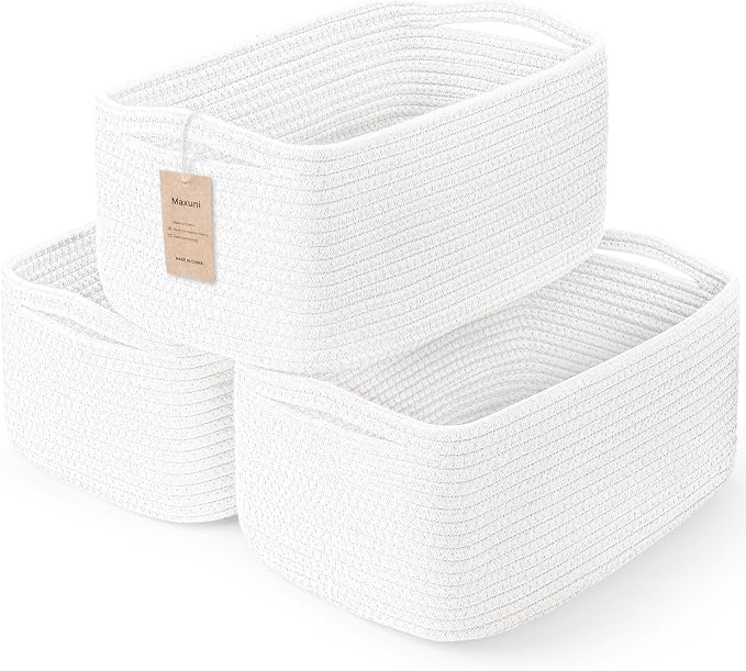 3 Pack Small Storage Baskets for Organizing, 11.8×7.8×5.1", White | Woven Baskets for shelves, Cotton Rope Basket for Gifts Empty, Closet Organizer Bins with Handles, Cube Decorative Box