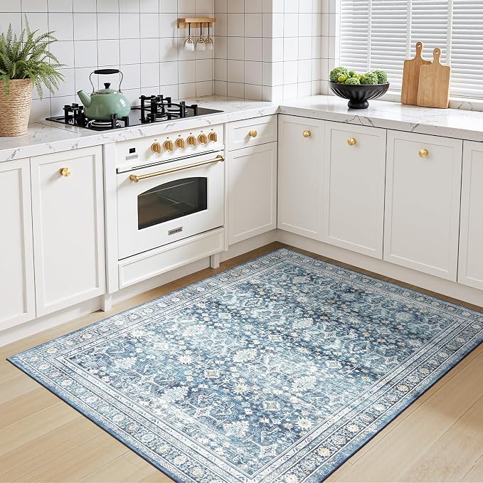 3x5 Area Rugs for Entryway, Blue Washablee Non-Slip Area Rug for Kitchen | Soft Area Rug for Dining Room Home Office Indoor Nursery, Stain Resistant, Low Pile, Vintage Boho Distressed Rug