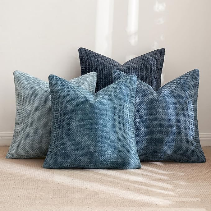 MIULEE Soft Decorative Chenille Pillow Covers Blue Series 20x20 Pack of 4 | Modern Coastal Decor, Blue Gradient Set, Couch Throw Pillows, Farmhouse Boho Cushion Covers for Sofa Bed Living Room