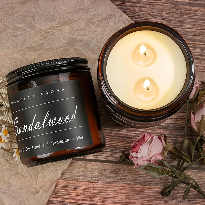MOASITN Sandalwood Large Heavenly Scented Candles for Home|19oz 100h Long Lasting Clean Burn|Natural Soy Aromatherapy Candle|2 Wick Jar Candle for Women,Men as Relaxing,Birthday,Housewarming Gifts