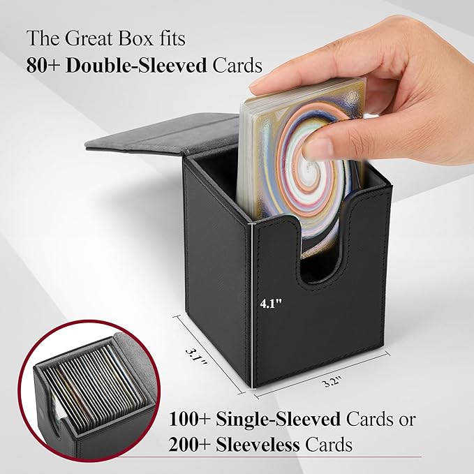 Card Deck Box for MTG Card Storage Box Holds 100 Plus Single Sleeved Cards, Microfiber Lining and Leather Card Box Compatible with Trading Card Games TCG, Yugioh Cards, etc.(Vertical-Black)