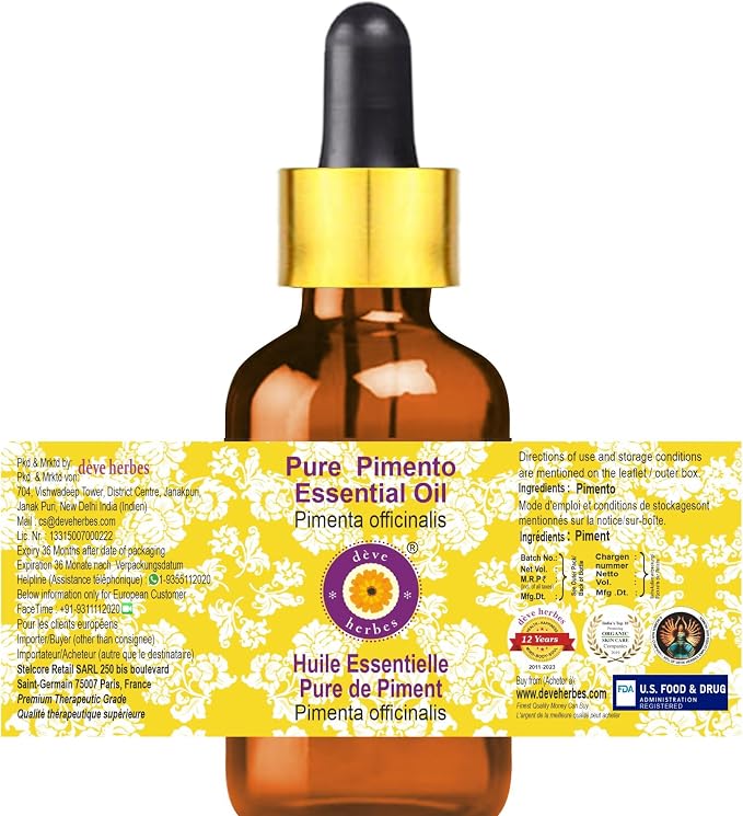 Deve Herbes Pure Pimento Essential Oil (Pimenta officinalis) with Glass Dropper Steam Distilled (Pack of Three) 100ml X 3 (10 oz)