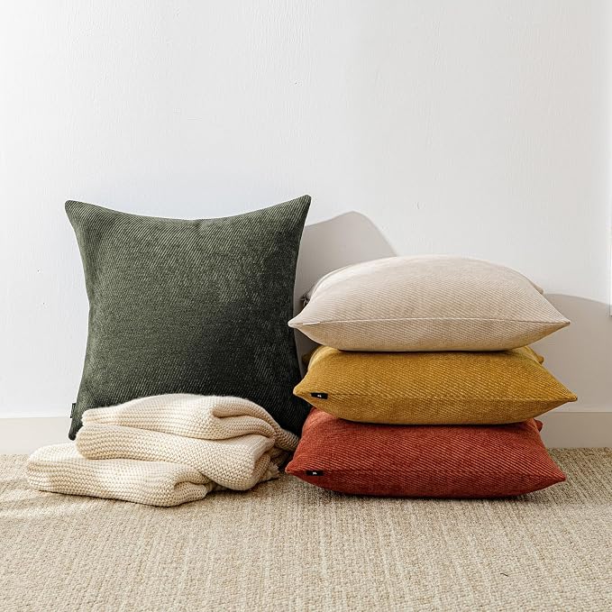 a moment Pack of 2 Decorative Chenille Throw Pillow Covers with Twill Cushion Covers for Sofa Living Room Couch Bed 24x24 Inch Olive Green