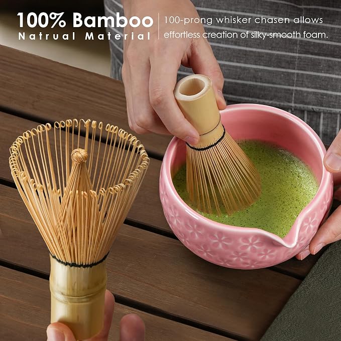 7Pcs Matcha Whisk Set, Matcha Set Whisk and Bowl,Bamboo Scoop, Scoop Rest, Sifter and Tea Towel, Matcha Kit W/Carved Cherry Blossm Pattern for Matcha Lovers (Sakura Pink)