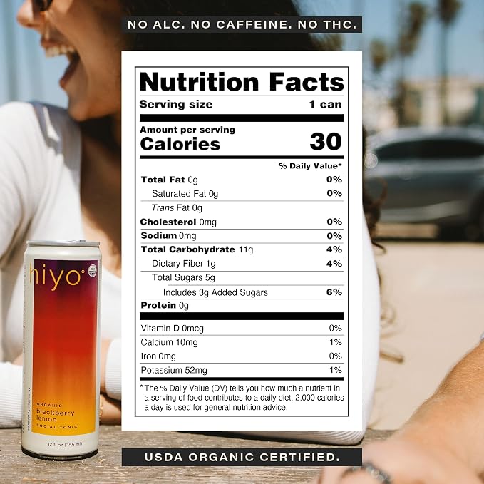 Hiyo Organic Social Tonic – Blackberry Lemon, 12 Pack - Non-Alcoholic Functional Seltzer, Flavored Sparkling Water Crafted with Organic Adaptogens, Nootropics & Botanicals