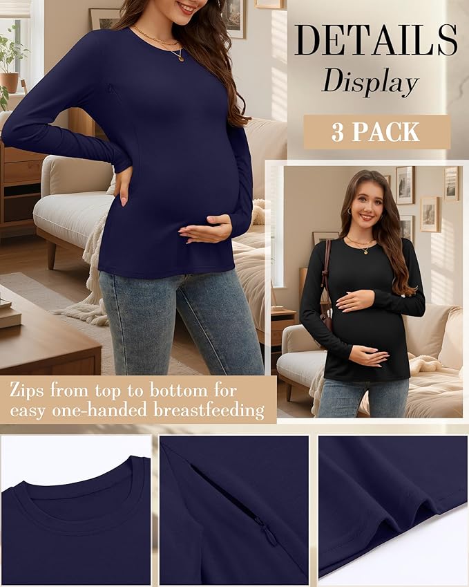 3 Pack Nursing Tops for Breastfeeding Maternity Shirts Zipper Long Sleeve Round Neck Knit Casual Nursing Clothes
