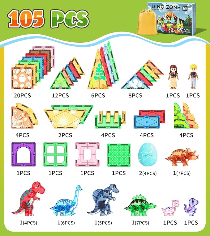 Dinosaur Toys Magnetic Tiles Set - 2 Eggs, 2 Baby Dinos & 5 Large Dinosaurs for Kids 3-5, 105pcs Magnetic Building Blocks for Toddlers 1-3 4-8，Magnet Tiles Educational Toy for Boys Girls