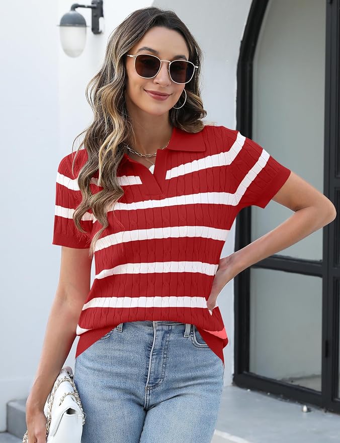 Micoson Womens Short Sleeve Sweater Tops Lapel V Neck Polo Shirts 2026 | Summer Cable Knit Loose Blouses, Business Casual Outfits
