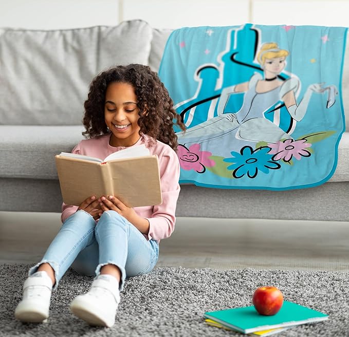 Jay Franco Kids Plush Throw Blanket – Soft & Cozy Fleece Throw for Bedroom & Couch Décor, Official Licensed Product, Blue - Disney Princess Cinderella, 40x50 - Travel Blanket