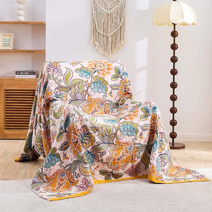 XIBLC Boho Throw Blanket for Bed, 100% Cotton Soft Rustic Quilt Fall Blanket, 60"x80" Floral Printed Farmhouse Decor Bed Blankets, All Season Rustic Reversible Bohemian Throw Quilt