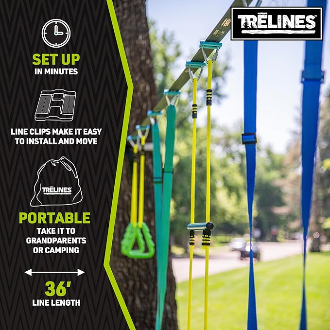 Swingset Gymnastics Kit 36 ft - Slackline Swing Set for Backyard, Monkey Bars & Gymnastics Line - 2 Swings, Double Trapeze bar, 2 Gym Rings - Outdoor Playset for Kids - Ages 3+ Holds 500 lbs.
