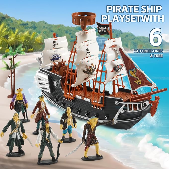Pirate Action Figures Boat Playset Pirate Pretend Toys Pirate Ship with 6 Action Figures & Tree, Play Toy for Kids, Educational Learning Toys with Figurines,Trees and Boat- Gifts for Boys and Girls