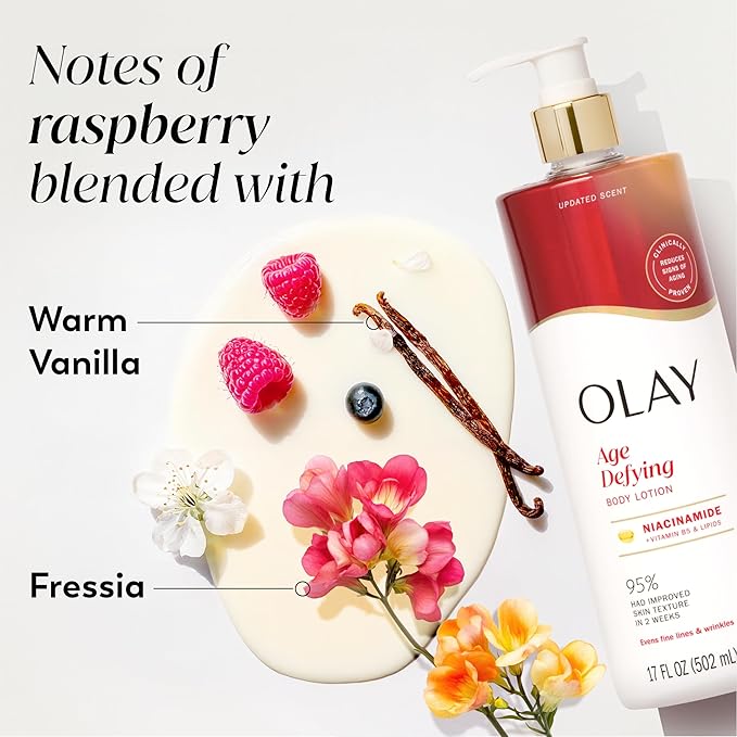 Olay Body Lotion for Women, Age Defying with Niacinamide Serum, Visibly Reduce Signs of Skin Aging, 24hr Moisture & Hydration, Fast Absorbing Formula, Vitamin B3 Complex, For All Skin Types, 17 fl oz